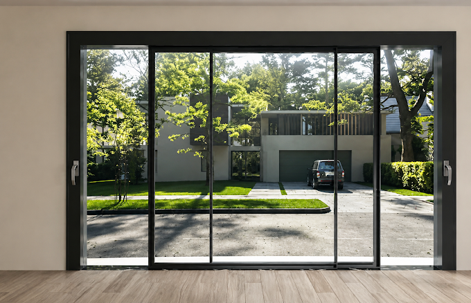Modern dark-frame sliding door in suburban Gainesville home
